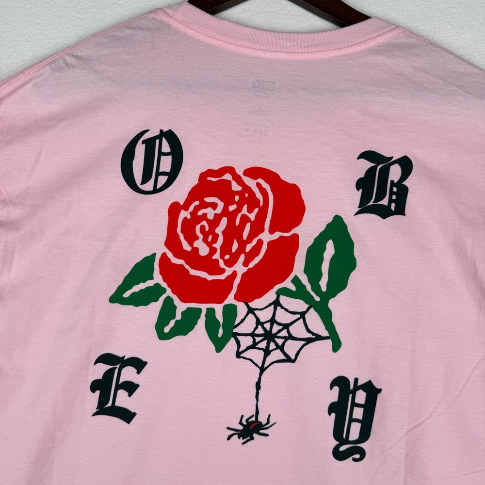 NWOT Obey Men L Pink Rose Spider Web Graphic T-Shirt Gothic Logo 2016 Streetwear